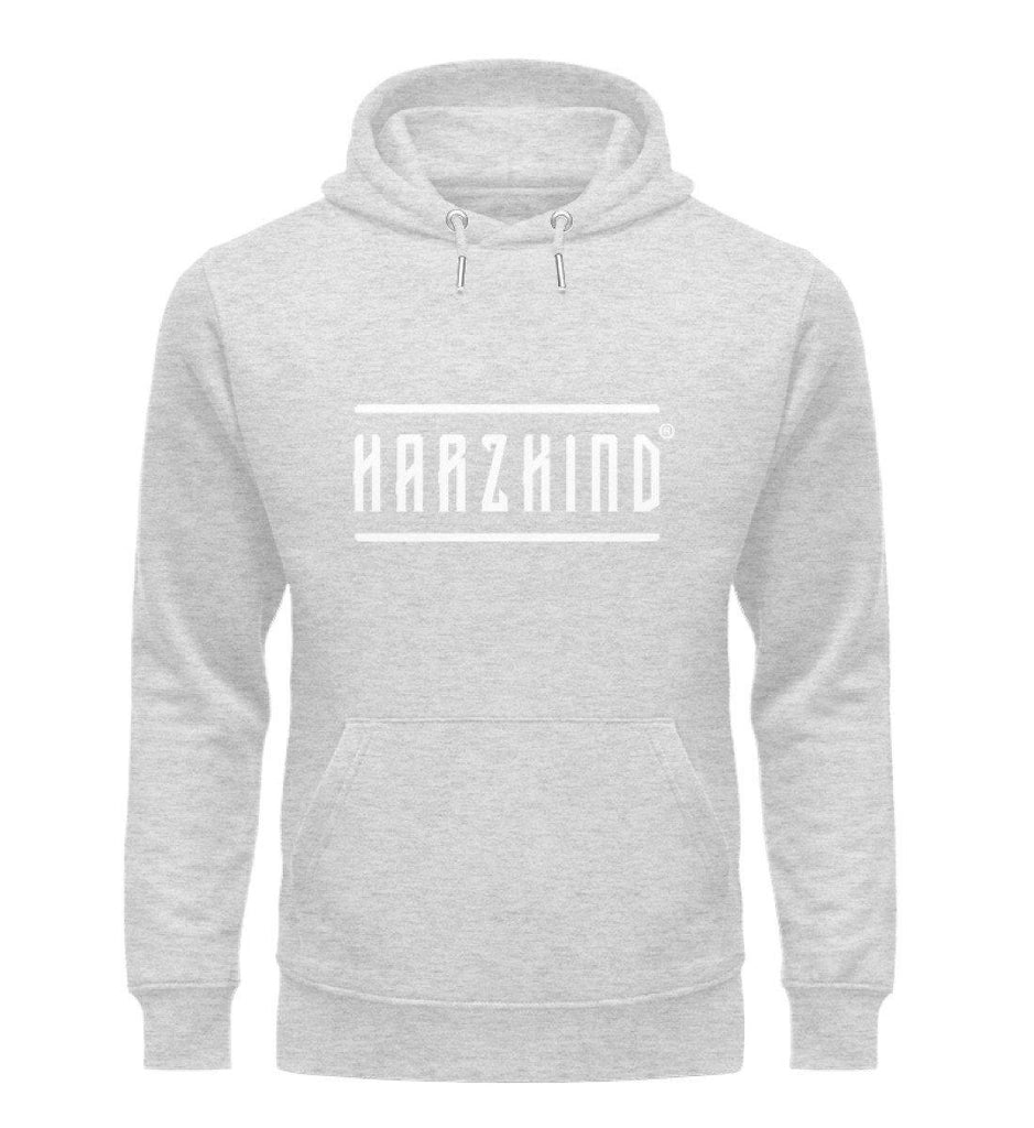 Hellgrau-melierter Harz Hoodie mit weißem HARZKIND Logo – nachhaltig, Fair Wear & OEKO-TEX, pro Kauf 1 Baum im Harz